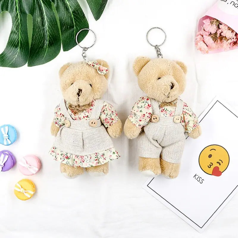 Country Style Linen Teddy Bear Keychain